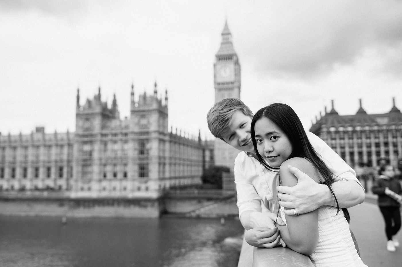 Couple on Westminster Bridge with Big Ben behind them
