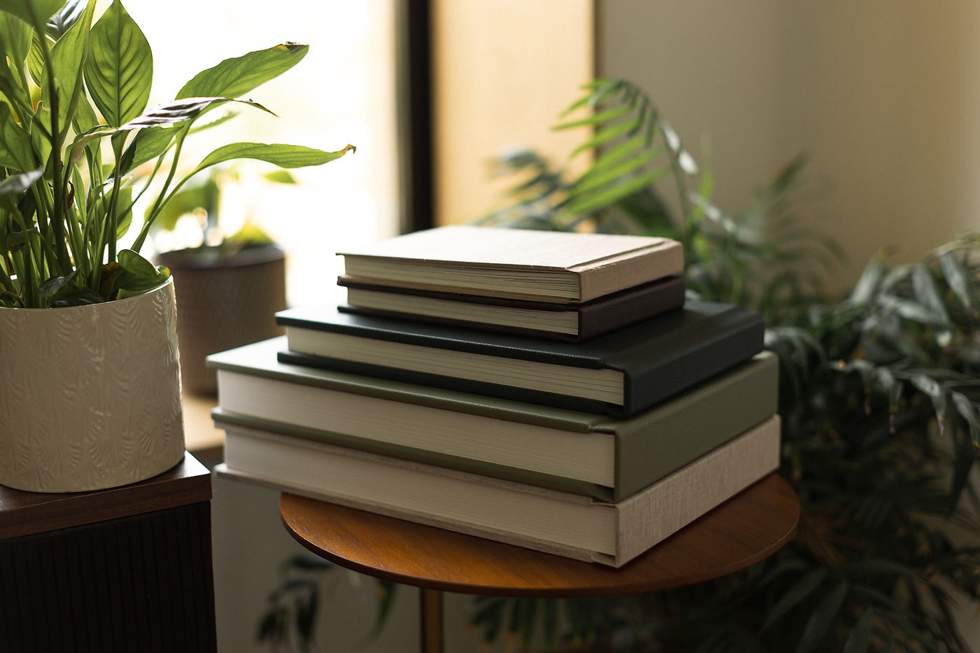 A stack of linen and leather fine art albums on a side table beside a houseplant