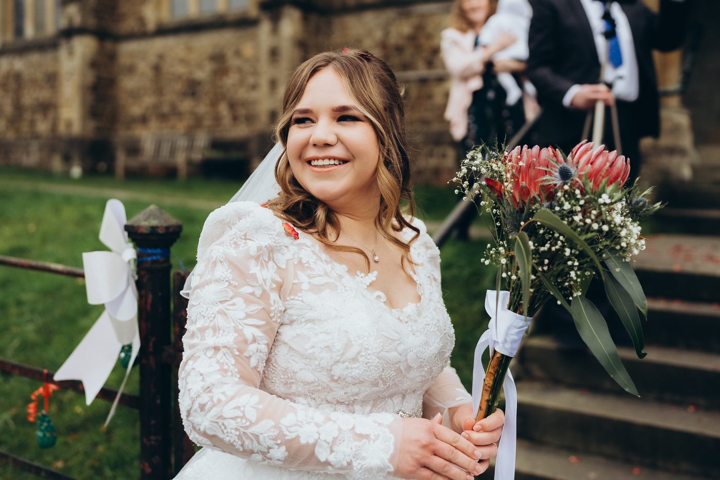 Bride outside St. John the Evangelist Church, Caterham Valley